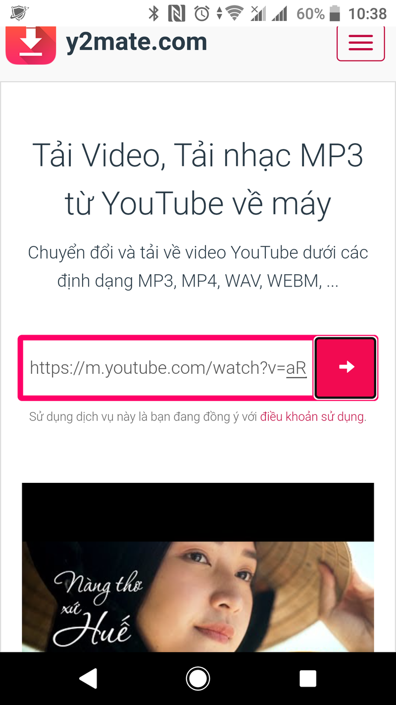 Paste đường link video trên Youtube bạn muốn tải về vào ô text box trên y2mate