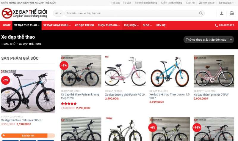 Giao diện website bán xe đạp của Xe Đạp Thế Giới